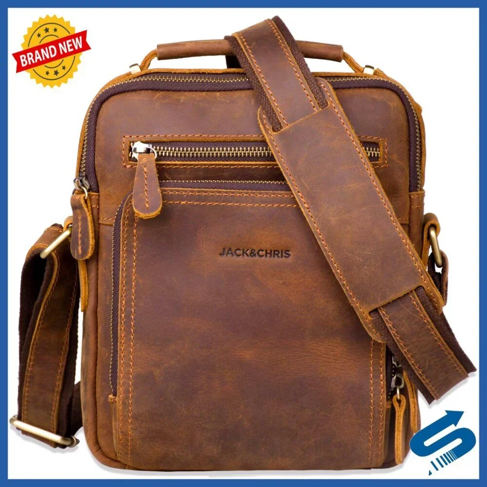 Genuine Leather Messenger Bag with Multiple Pockets for Work Travel